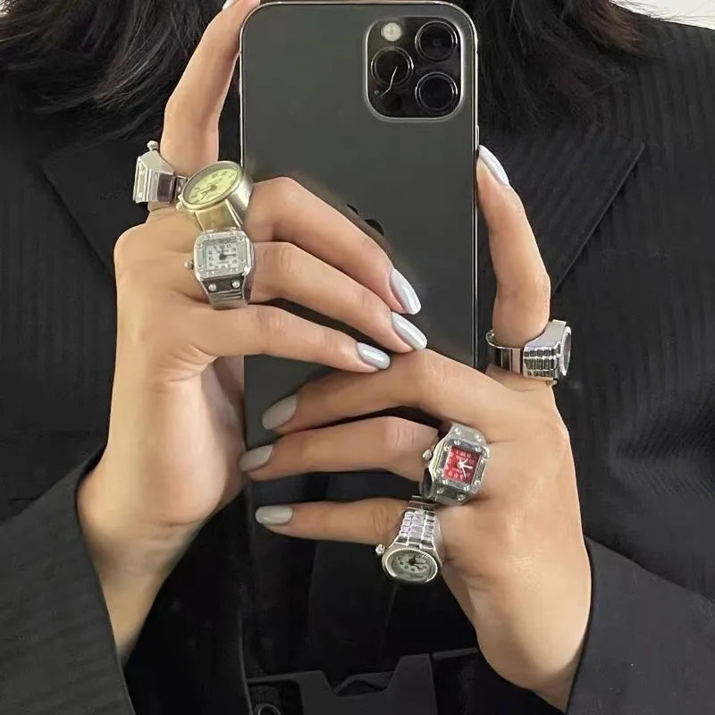 Fashion Electronic Watch Rings for Men Women Gold Silver Colorful Dial Stainless Steel Elastic Watch Strap Battery Mini Clock