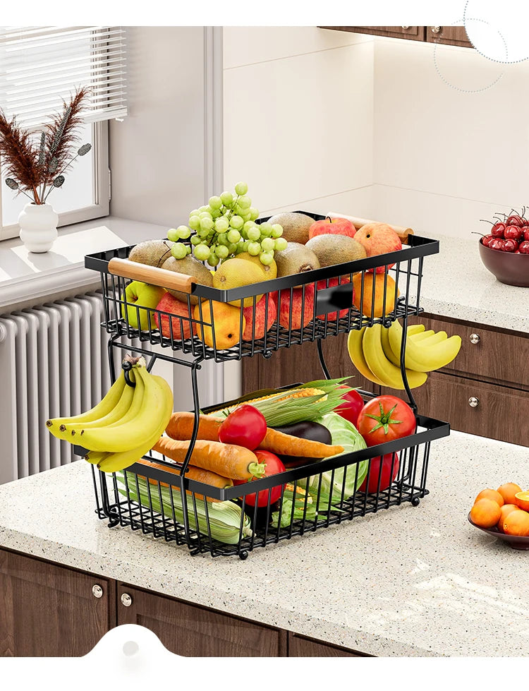 fruit basket vegetable basket,Metal storage basket with hook and wooden handle,Stackable and removable kitchen storage rack