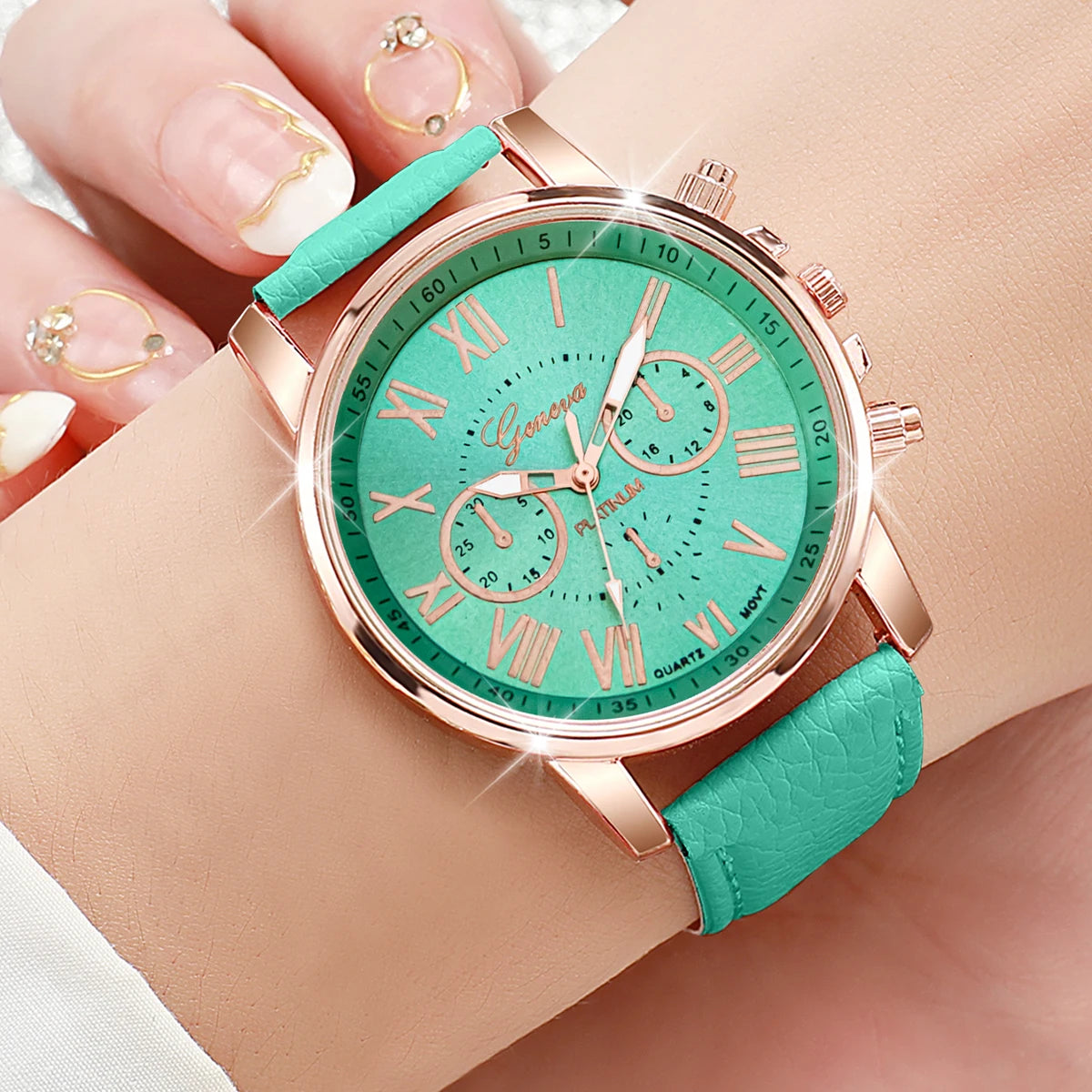 9PCS/Set Women Watches Fashion Roma Dial Ladies Quartz Watch Casual Leather Band Wristwatches Relogio Feminino（Without Box）