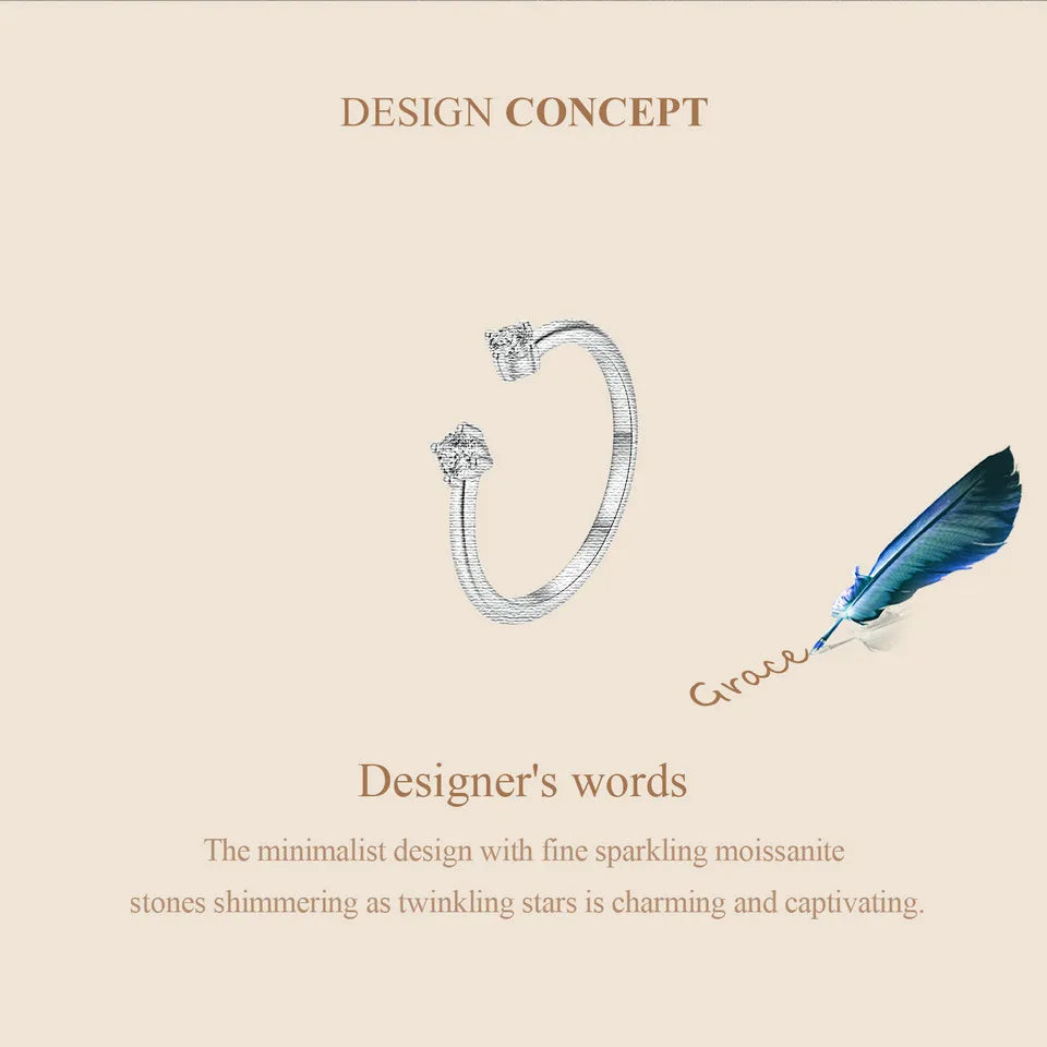 BAMOER Moissanite White Gold Plated Adjustable Ring 925 Sterling Silver Exquisite Open Ring for Women Fine Jewelry Gift