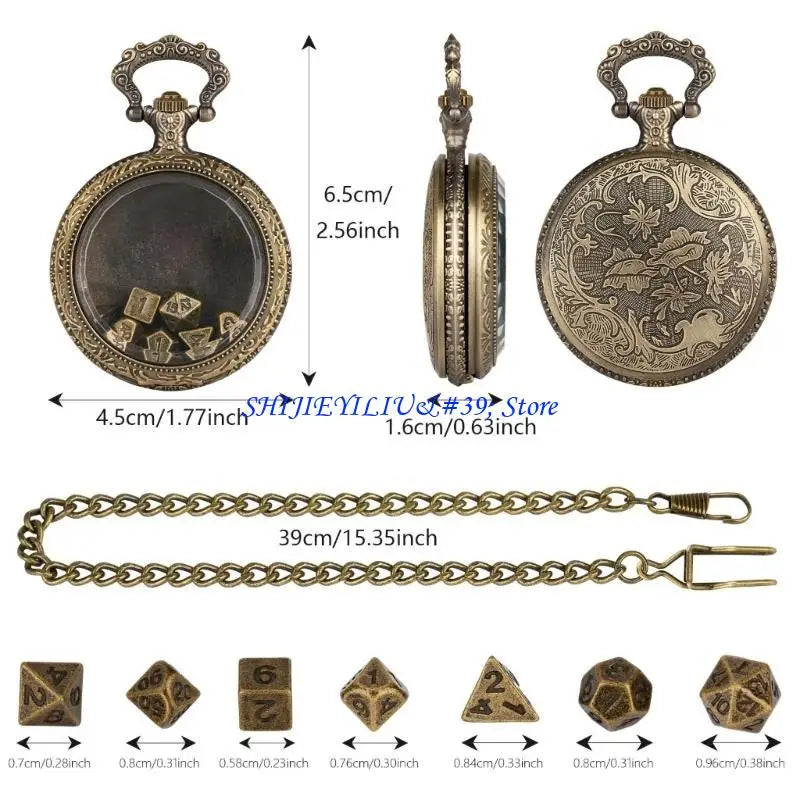 E21F Fashion Pocket Watch Case with 7pcs/set Metal Polyhedral Dices Pendant Chain