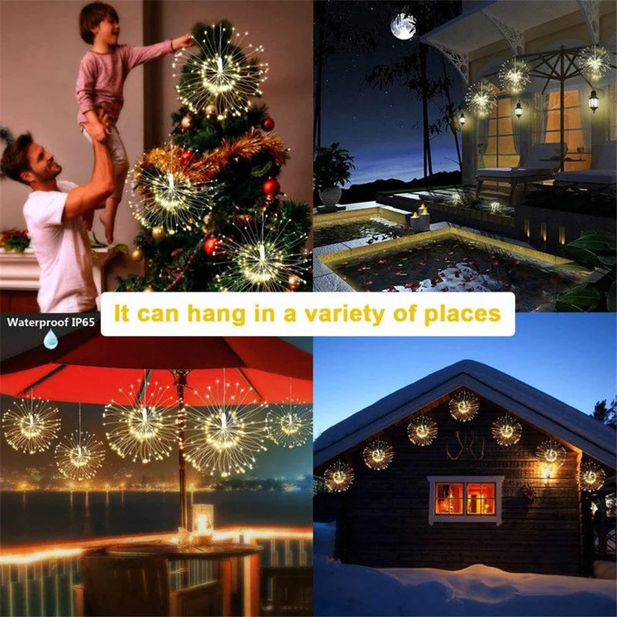 Christmas 200LEDs Firework Lights Hanging Starburst Garland Fairy String Lights Outdoor for Home Garden Courtyard Decor