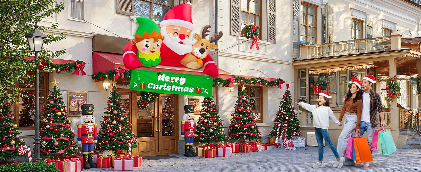 OurWarm 7.2FT Christmas Inflatable Outdoor Decoration,Detachable Banner Inflatable Santa Claus Outdoor with Elf & Reindeer Decor