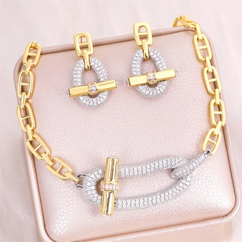 18k Gold Plated Copper Zircon OT Buckle Necklace Bracelets Ring Earring For Women Party Banquet Jewelry Set Accessory
