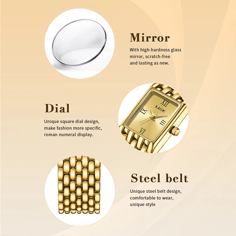 LIGE 2025 Fashion New Gold Women's Watch Luxury Quartz Watch Stainless Steel Bracelet Retro 30M Waterproof Watches Women reloj