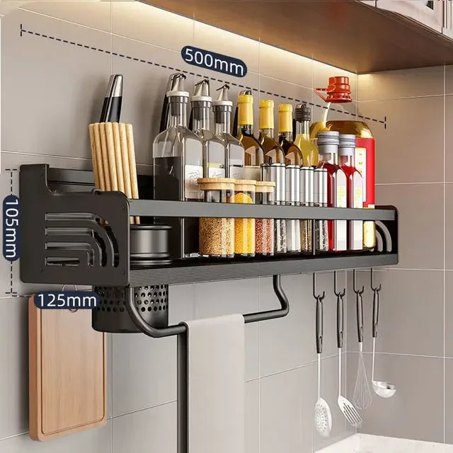 Stainless Steel Kitchen Wall Rack with Hooks & Shelf
