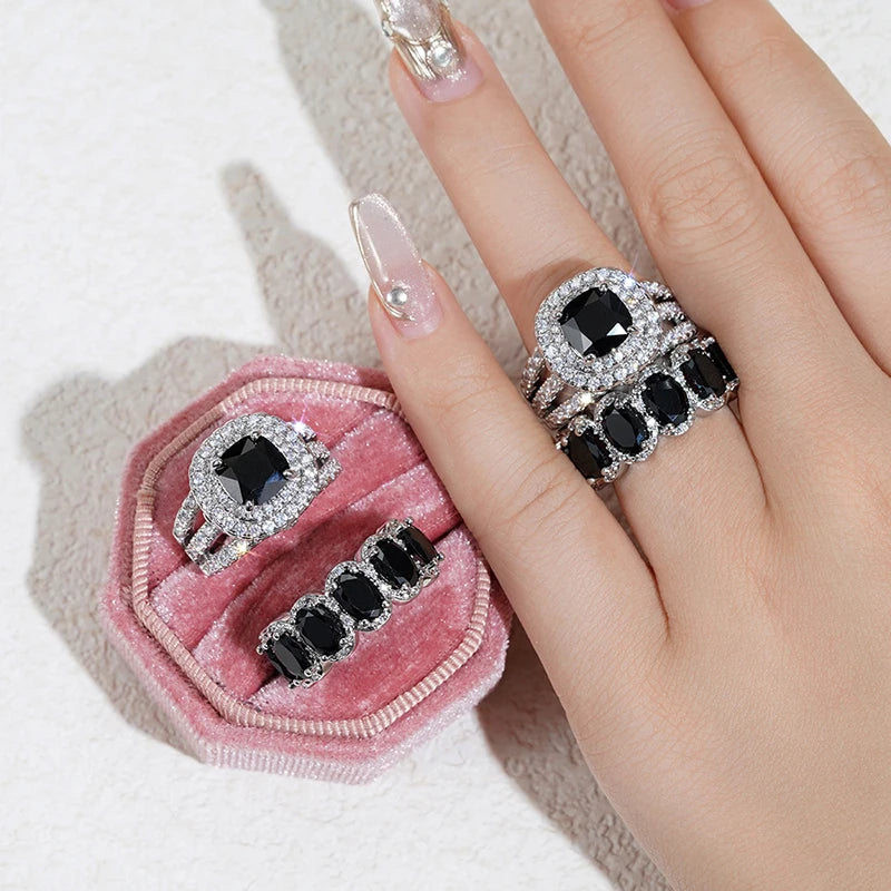 Huitan New Trendy Set Rings for Women Pink/White/Green/Black Cubic Zirconia Rings Gorgeous Wedding Accessories Eternity Jewelry