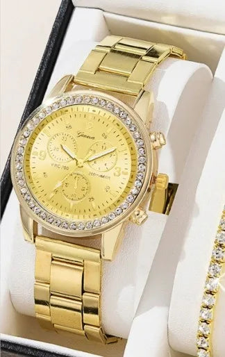 6 Piece Women's 3 - Eye Quartz Diamond Watch Set Bracelet Ring Earrings Necklace Gift Fashion Accessory