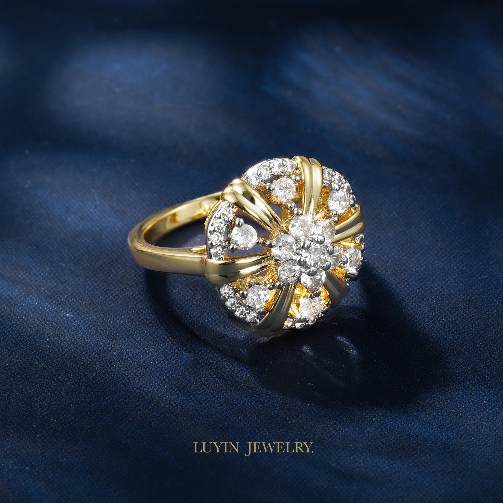 LUYIN New Arrival Floral Series Brilliant Inlaid Zircon Earrings Ring Set For Women Copper Plated 14K Gold Color Wedding Gifts