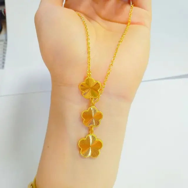 Delicacy 9999 24K Solid Gold Seasonal Necklace with Matching Bracelet and Stud Earrings Set for Women