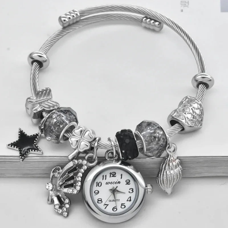 Fashion jewelry Women's Bracelet Watch Love with stylish decor refined round quartz watch silvery casual elegance gifts