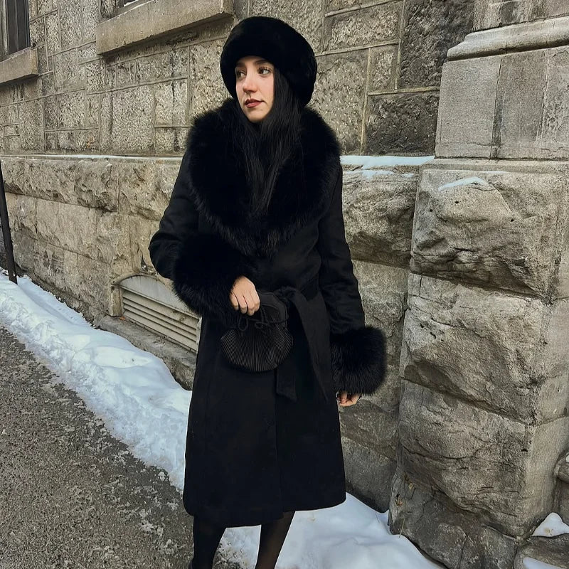 Luxurious Women's Overcoat Faux Full Sleeve Double Breasted Belt Lace Up Female Black Coats 2025 Autumn Winter Chic Lady Outwear