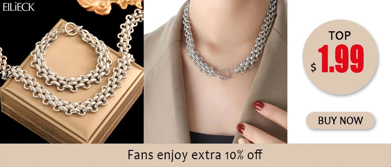 EILIECK 316L Stainless Steel Metal Gold Color Wide Watch Chains Neckalce Bracelet Set For Women Trendy Waterproof Jewelry Gift