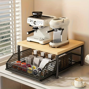 Modern kitchen microwave rack storage rack - sturdy solid wood and metal structure, space-saving countertop storage rack