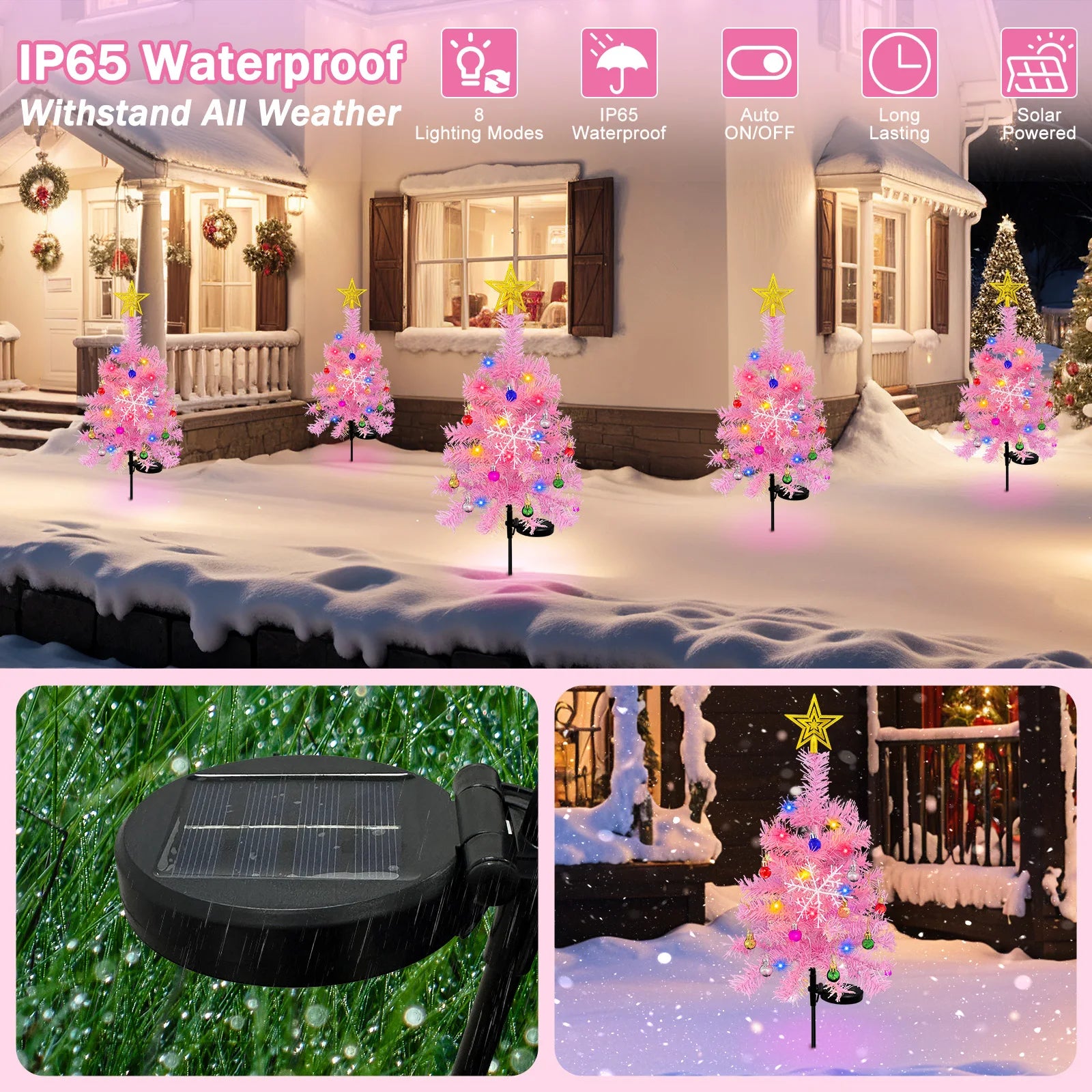 OurWarm 2pcs Pink 29in Solar Christmas Trees Garden Stake Lights Waterproof Christmas Yard Decor Outdoor, 8 Modes Xmas Tree