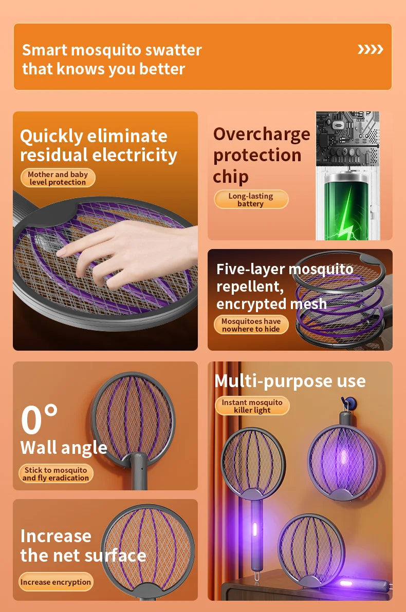 3 in 1 Foldable USB Rechargeable 3000V Mosquito Fly Swatter UV Trap LED Dual Switch Safe Grid 0° Wall Stick Bug Zapper