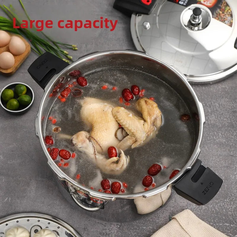 Large capacity stainless steel pressure cooker, compatible with stoves, used for safe cooking, canning, and stewing