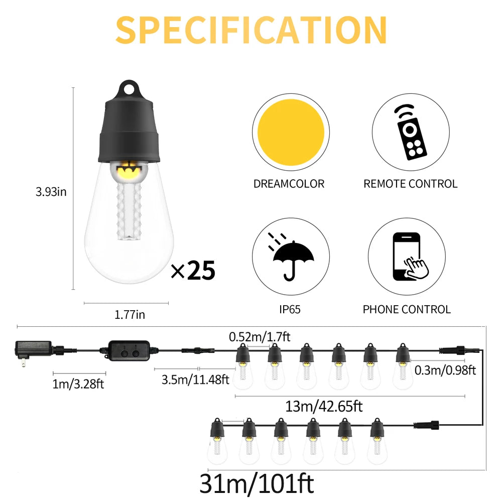 S14 Outdoor Lights DIY String Lights 3Modes Adjustable Remote Control Lights Bulbs for Patio Garden Outside Backyard Christmas