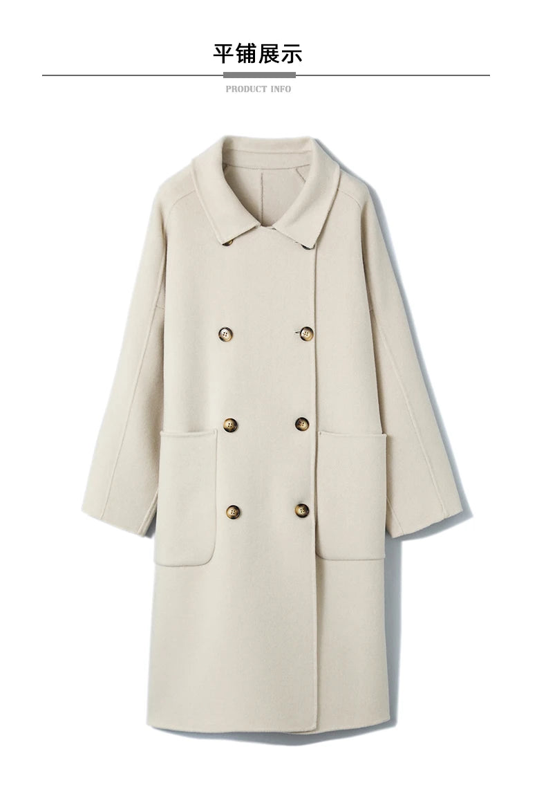 Ladies' 100% cashmere thick double-sided extended coat, classic, versatile and fashionable for business and leisure