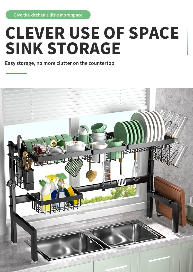 Large over the Sink Dish drying rack Kitchen tablewares storage shelf Adejustable Height and Length Rust Proof Black