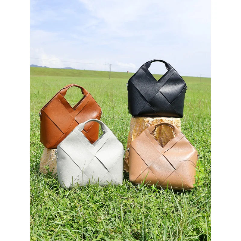 Genuine Leather Woven Tote Crossbody Bag