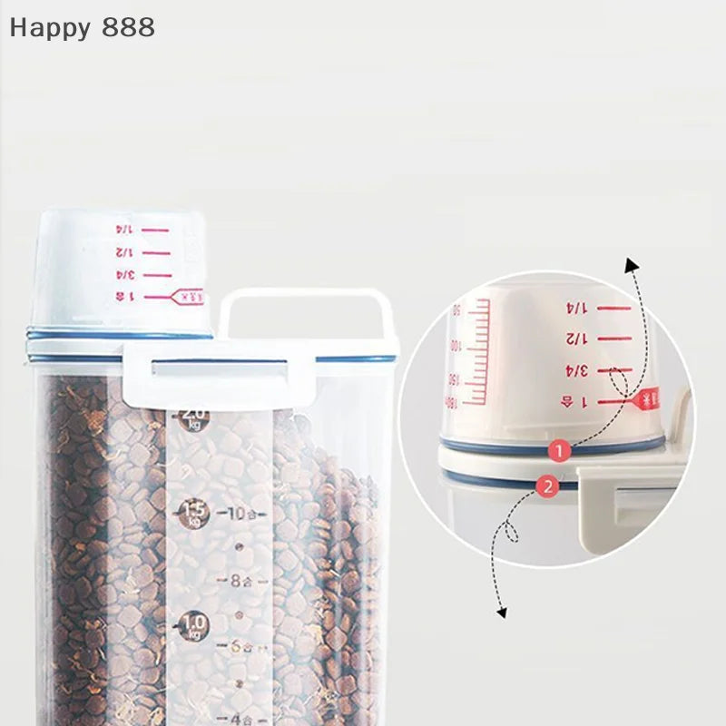 1.5kg/2kg Plastic Pet Food Storage Container With Measuring Cup, Moisture-Proof & Sealed Jar For Dogs And Cats