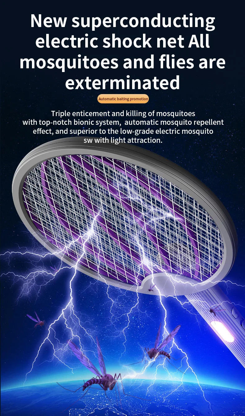 3 in 1 Foldable USB Rechargeable 3000V Mosquito Fly Swatter UV Trap LED Dual Switch Safe Grid 0° Wall Stick Bug Zapper