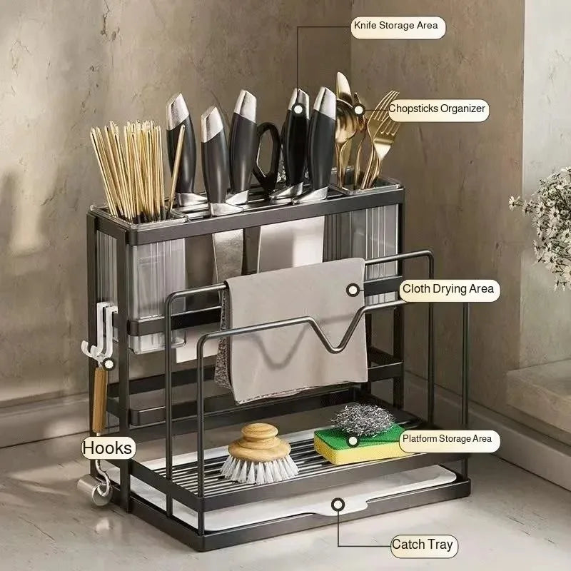 Kitchen Countertop Organizer with Drainage Tray -Integrated Rack for Cutting Boards, Knives, Rags, Chopsticks, Pot Lids, Durable