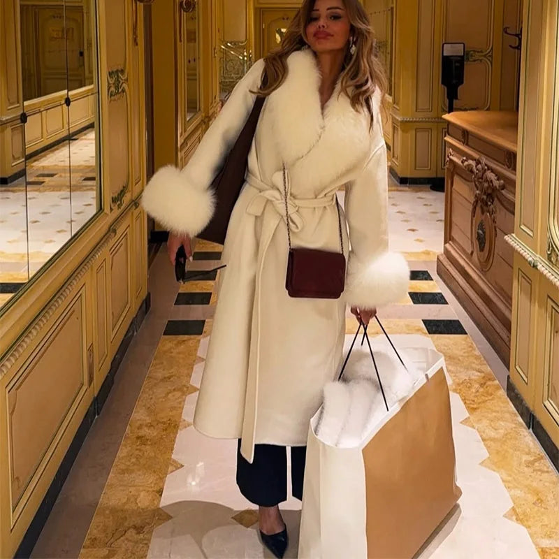 Luxurious Women's Overcoat Faux Full Sleeve Double Breasted Belt Lace Up Female Black Coats 2025 Autumn Winter Chic Lady Outwear