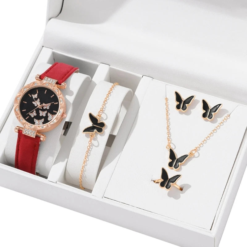 Elegant Butterfly Jewelry Set Women Watch Crystal Watches Fashion Rings Necklace Earring Bracelet Perfect for Daily Wear