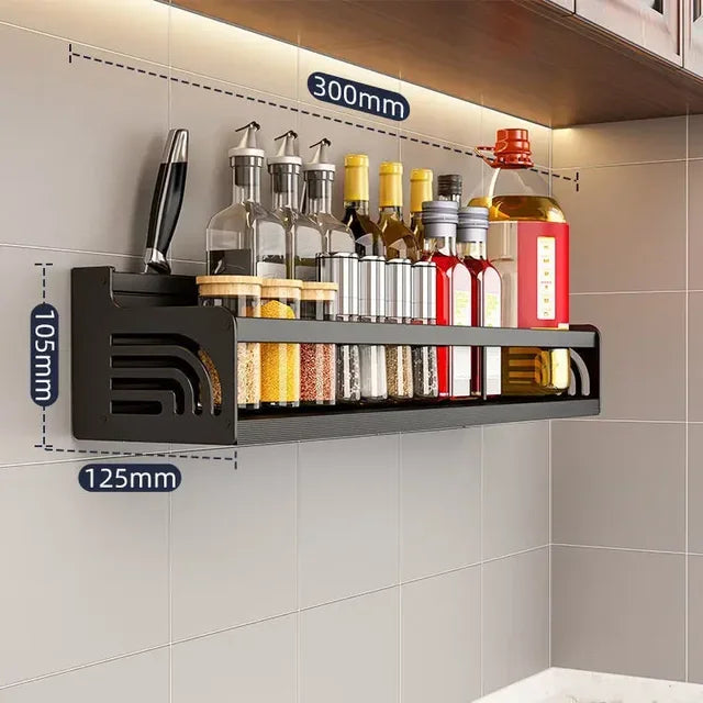 Stainless Steel Kitchen Wall Rack with Hooks & Shelf