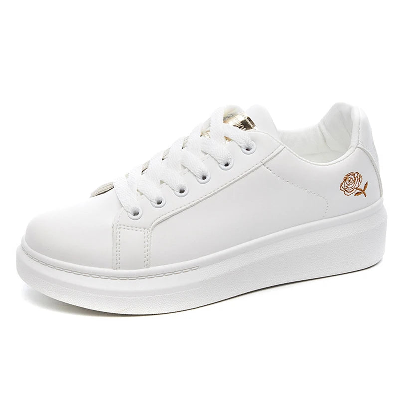Women’s White PU Leather Sneakers – Breathable Low Top