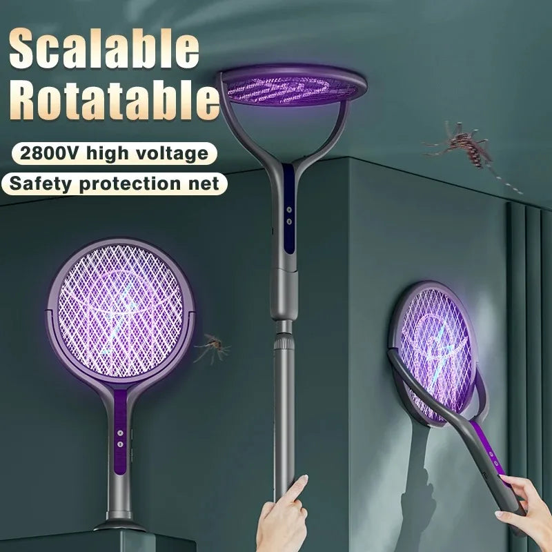 Intelligent Rechargeable Mosquito Swatter 2800V Electric Racket Extension Handle 5-Layer Protection