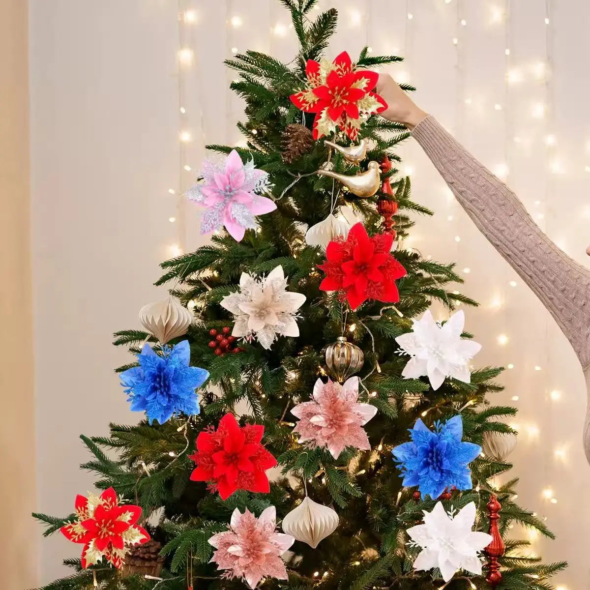 1~20Pcs Glitter Artifical Christmas Flowers Mreey Christmas Tree Decoration Happy New Year Ornaments Xmas Fake Flowers natal