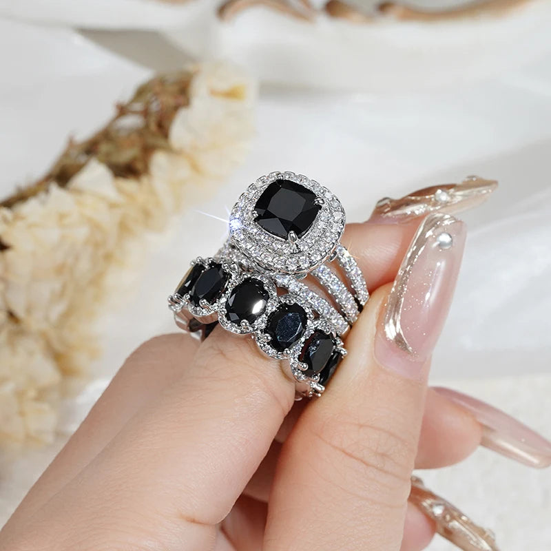 Huitan New Trendy Set Rings for Women Pink/White/Green/Black Cubic Zirconia Rings Gorgeous Wedding Accessories Eternity Jewelry