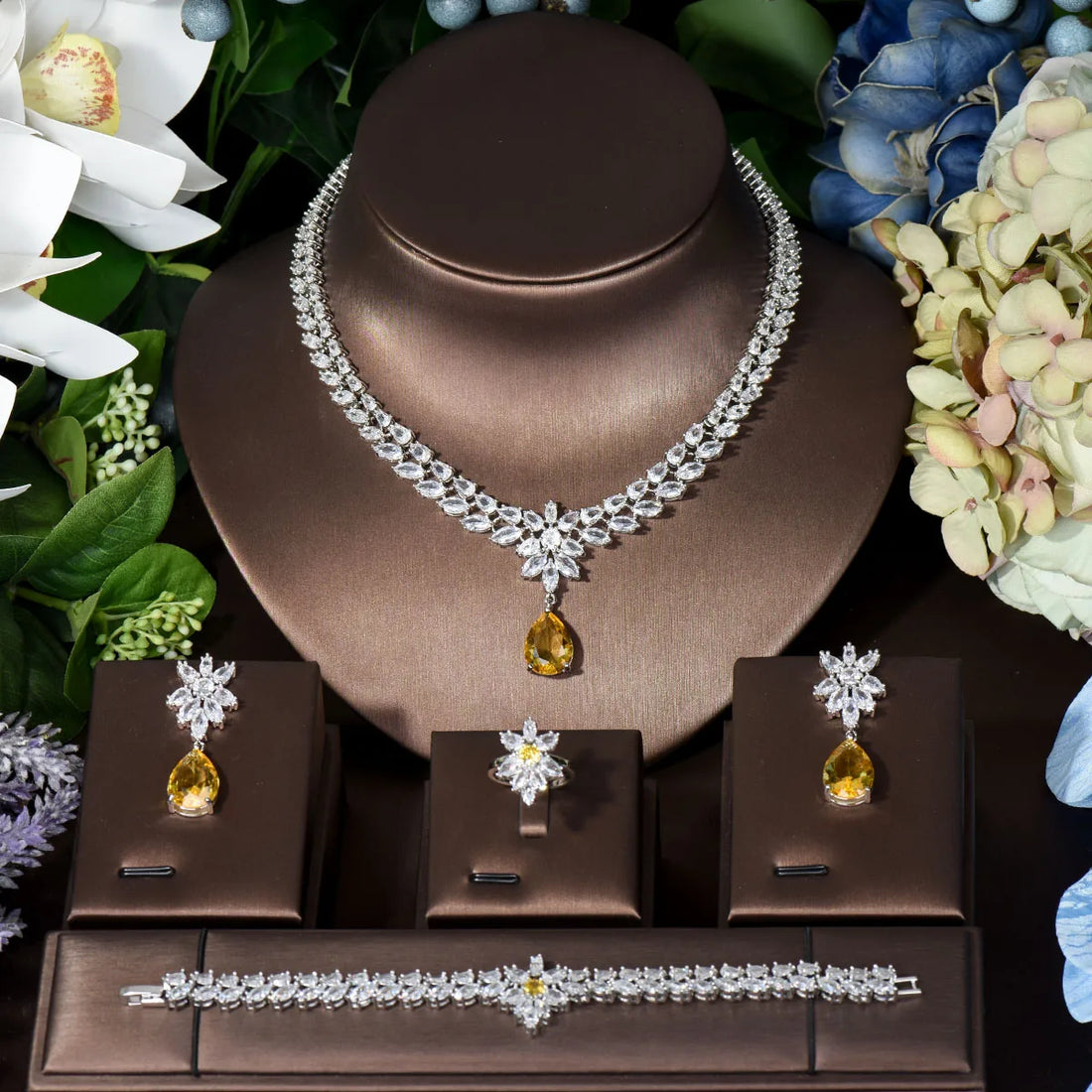 HIBRIDE Elegant Women Wedding Jewellery African CZ Crystal Water Drop Bridal Necklace Bracelet And Earrings Jewelry Sets N-789