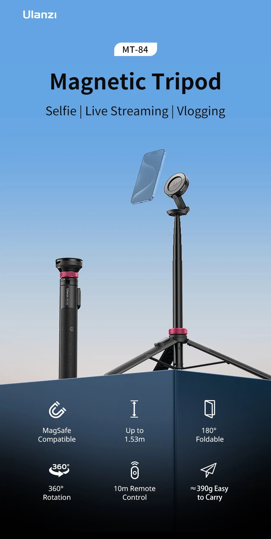 MT-84 1.53M Magnetic Selfie Stick Tripod for iPhone & Android