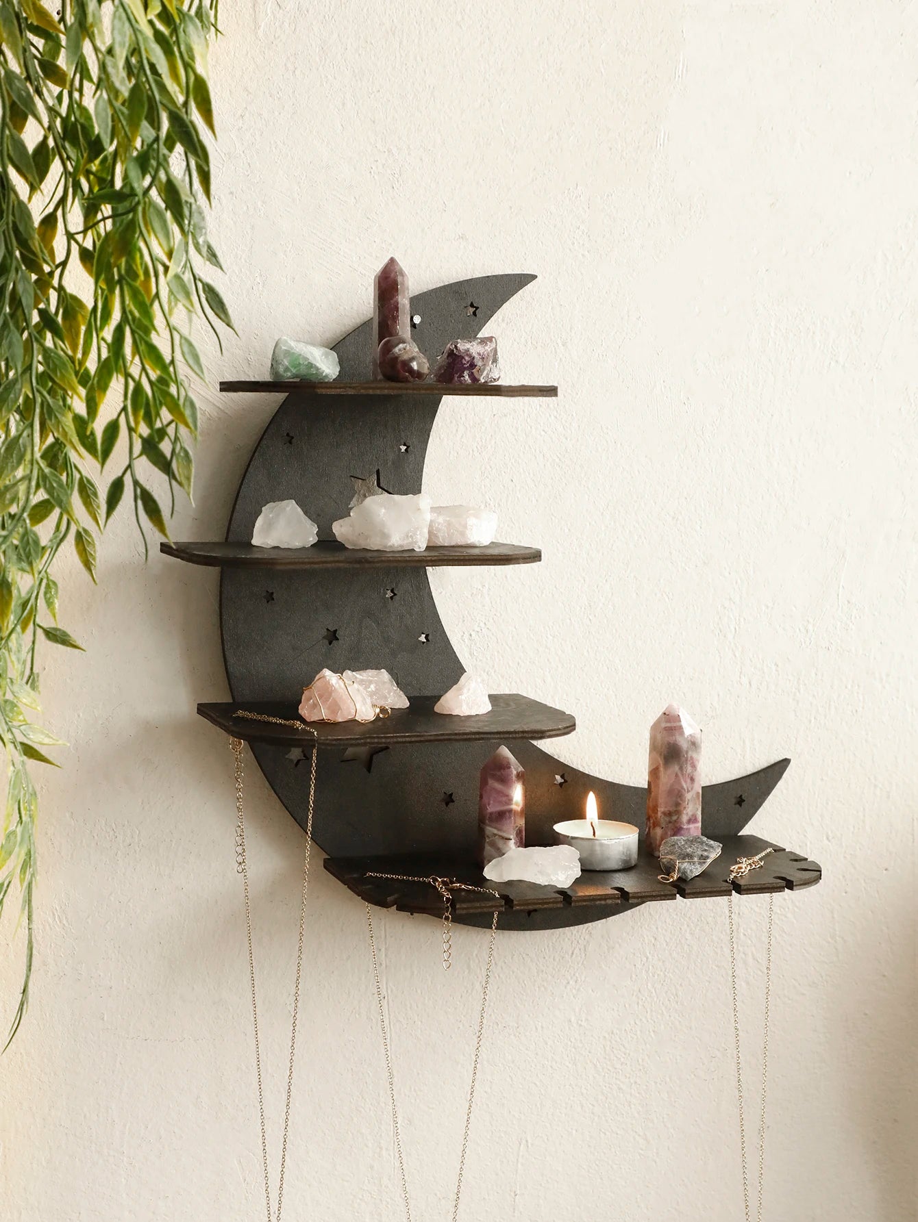 30/39cm Black Moon Wall Shelves 4-tier Wood Floating Wall Shelf Gothic Home Decor Crystal Shelf Display Ledge Essential Oil Rack