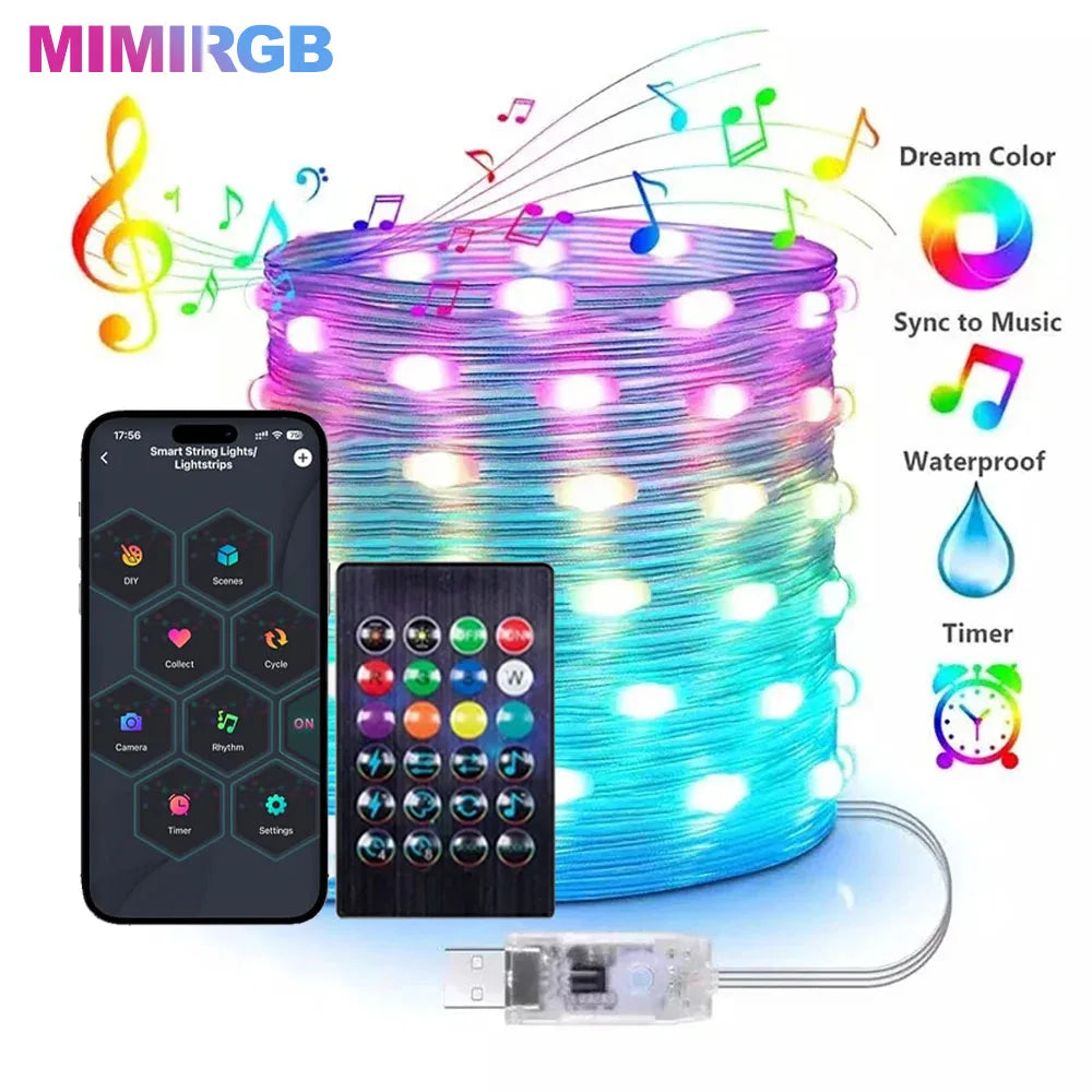 Christmas Tree Lights 20M Fairy String Lights w/ APP Control Music Sync 12 Modes IP65 Waterproof USB Powered for Xmas Home Decor