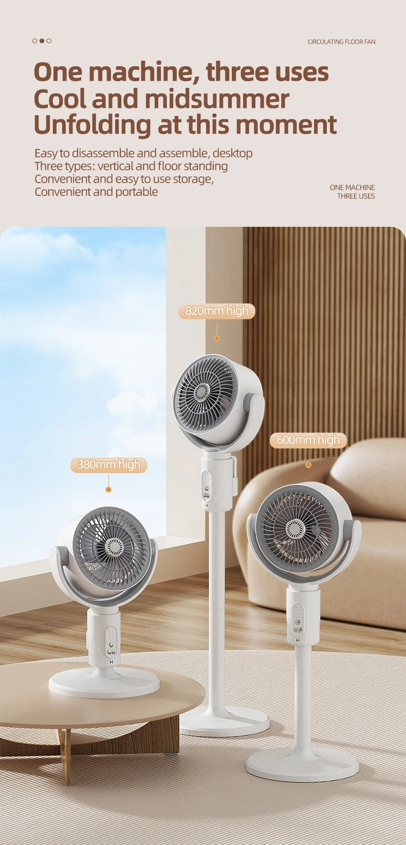 Rechargeable Oscillating Stand Fan 5 Speeds Adjustable Height USB Portable Air Circulator for Bedroom Office Living Room