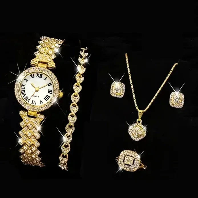 Fashion Luxury Full Crystal 5 Pcs Watch  Necklace Earrings  Ring  Set for Women Rhinestone  Wristwatch Female Bracelet Set Gift