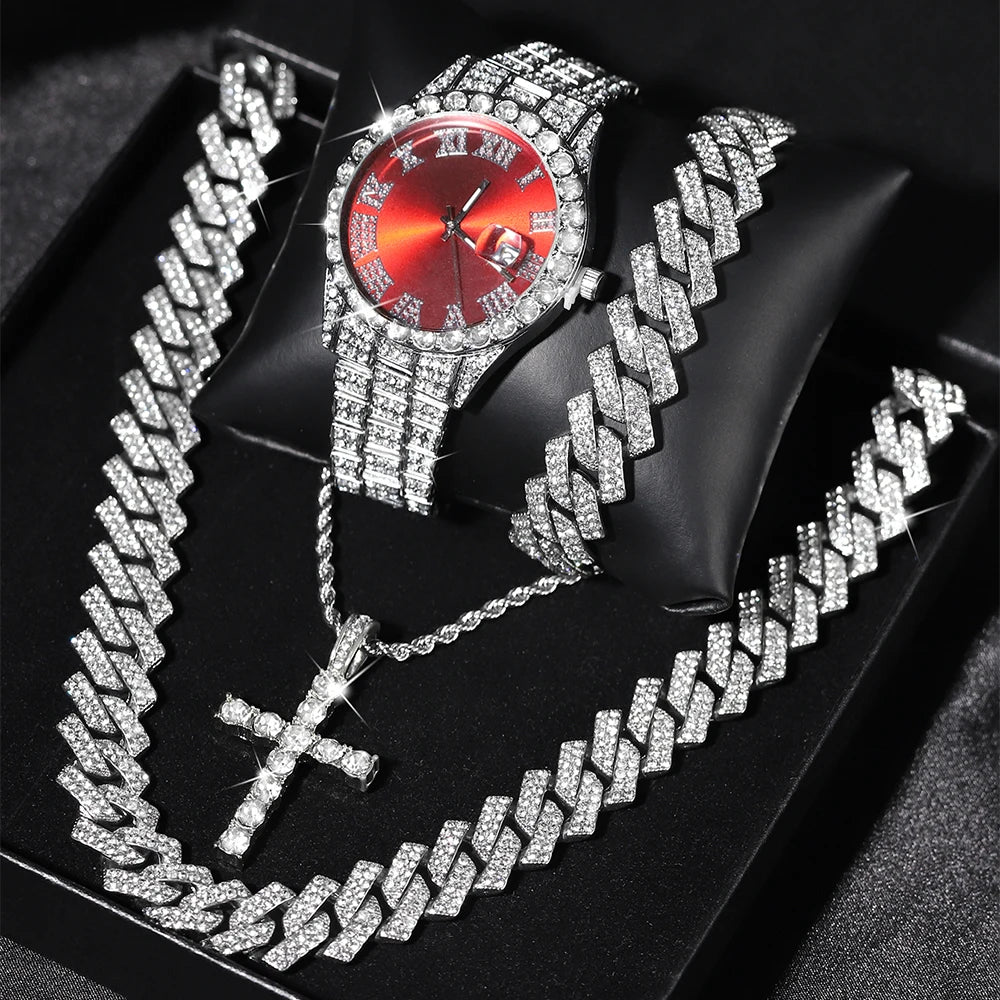 Quartz Watch Set Gift Box Cuban Necklace Bracelet Cross Classic Full Diamond Watch Shining Luxury Gift giving Festival Chain Hip
