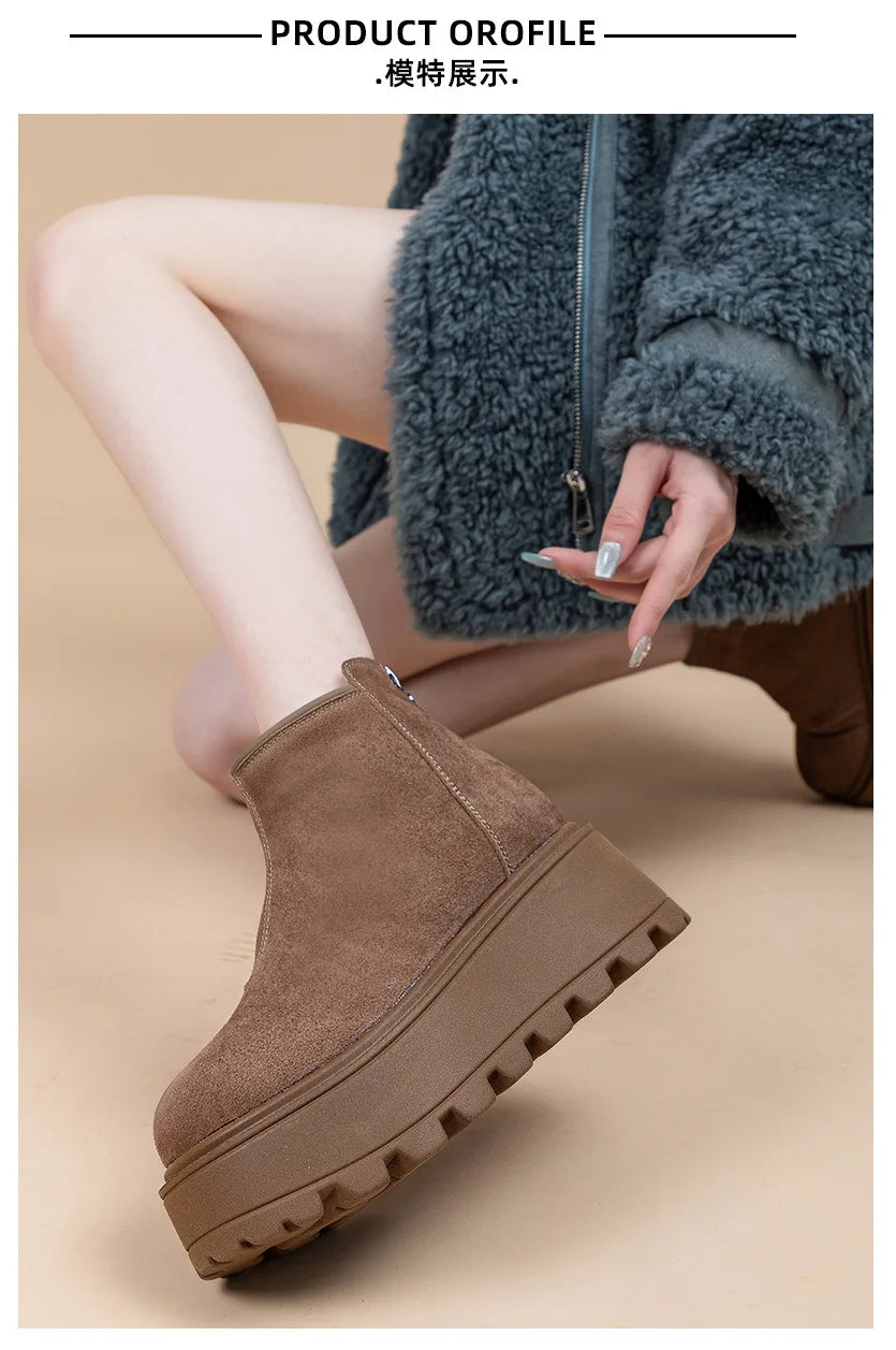 Fujin 7cm Suede Leather Snow Shoes Ankle Booties Platform Winter Boots Women Comfortable Non Slip Chelsea Boots Chunky Heel