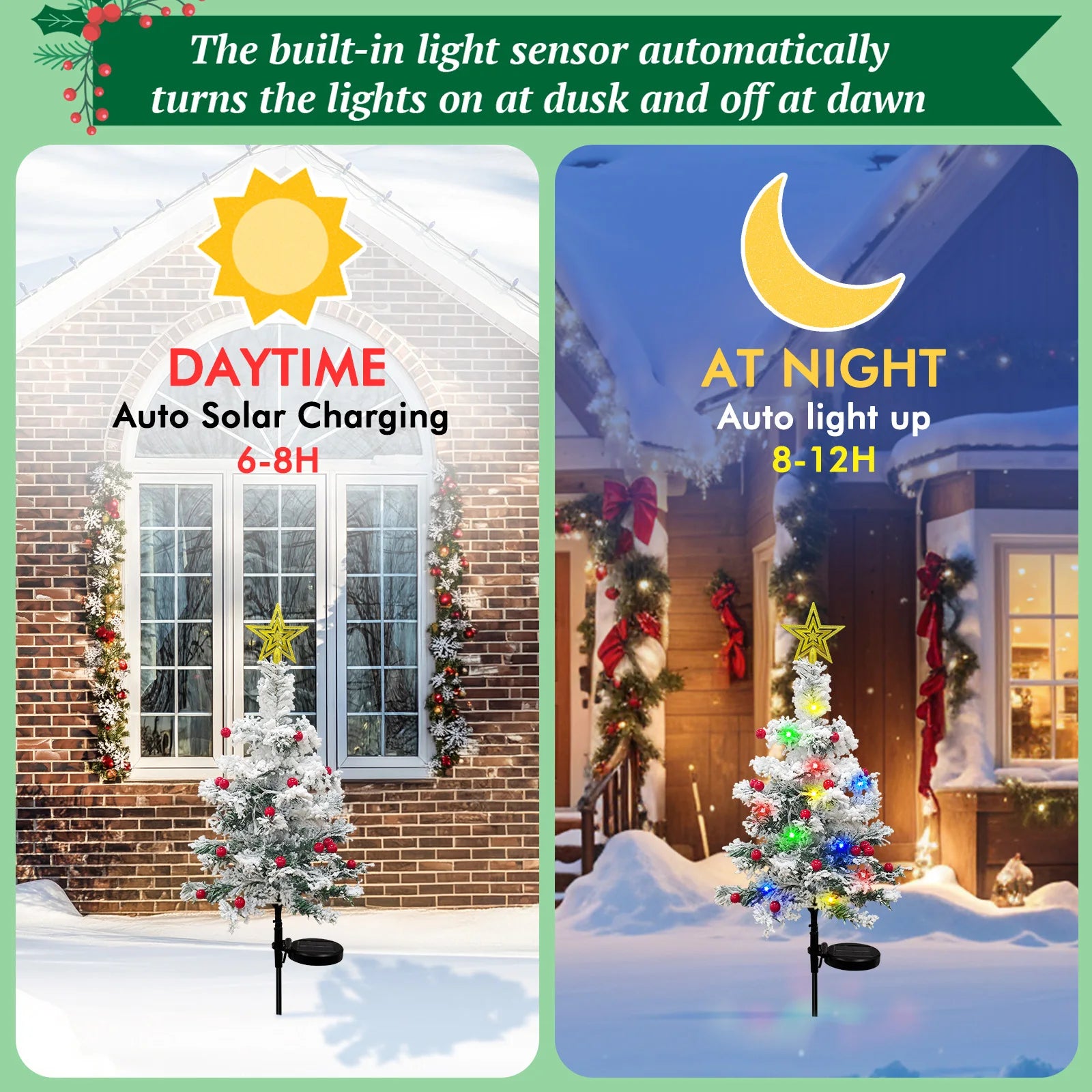 OurWarm 2 pcs Solar Christmas Tree Outdoor Christmas Decor, 29In Flocked Christmas Tree , Mini Small Christmas Tree with 40LED