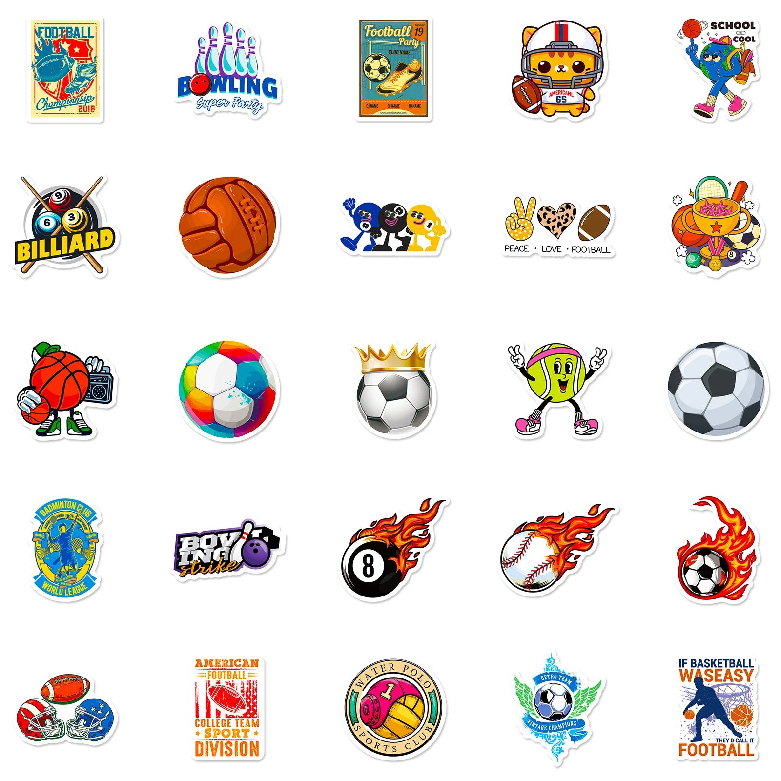 50 PCS Sports Stickers, Soccer Football Volleyball Golf Basketball Stickers, Sports Ball Stickers for phone