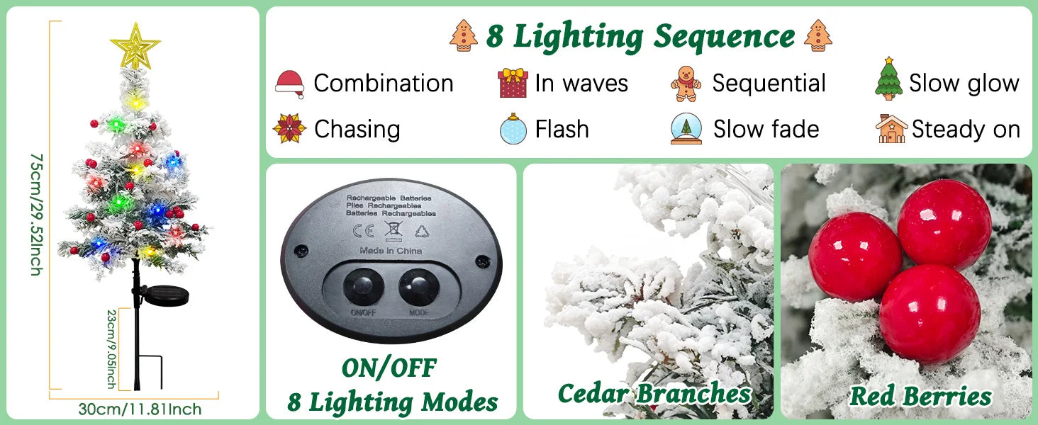 OurWarm 2 pcs Solar Christmas Tree Outdoor Christmas Decor, 29In Flocked Christmas Tree , Mini Small Christmas Tree with 40LED