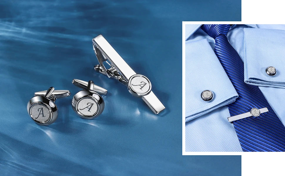 HAWSON 2 Inch Personalized Initial A-Z Cufflinks and Tie Clip Set for Men Silver Plated Shirt Accessories Business Gift Jewelry