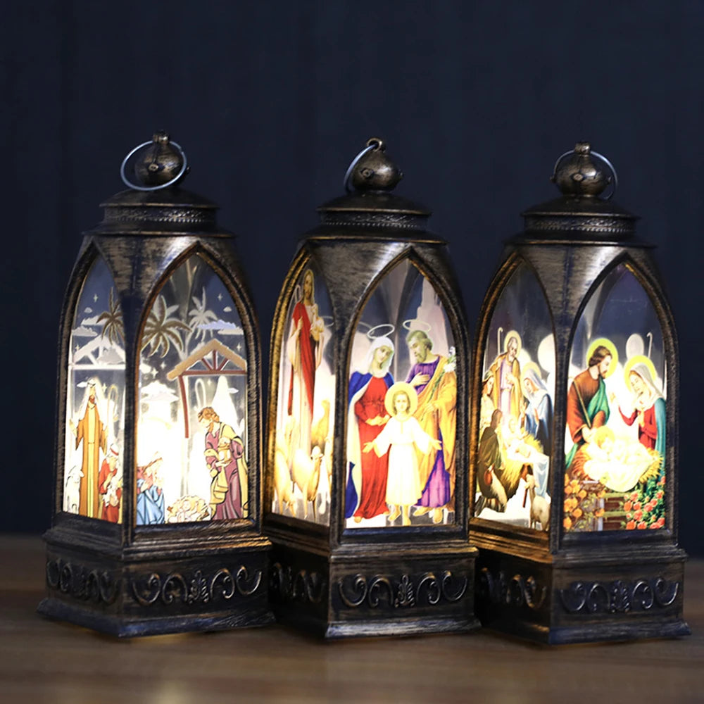 Christmas Decorations LED Lights Golden Arch Lantern Night Light Religious Jesus Retro Ornaments Festive Atmosphere Enhancer