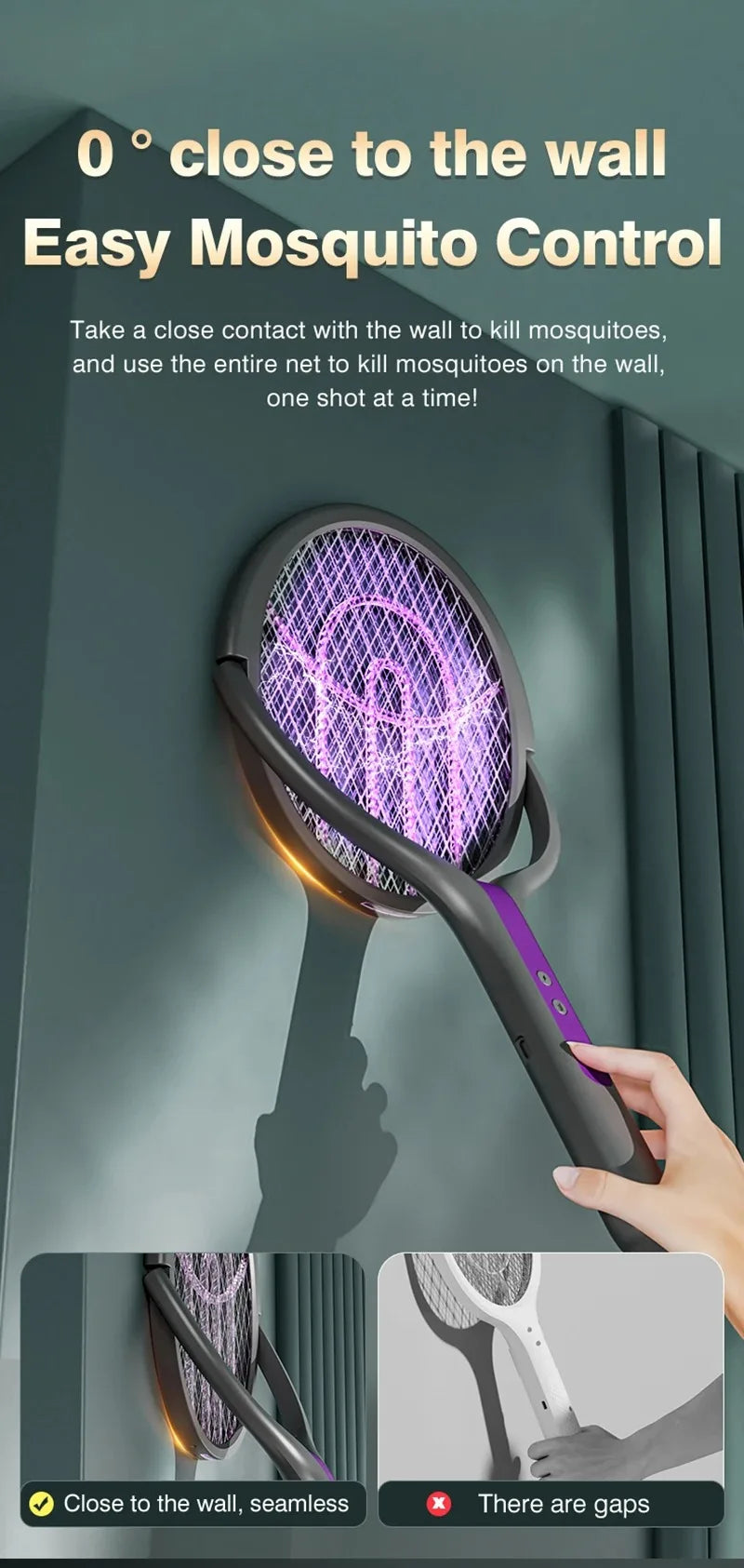 Intelligent Rechargeable Mosquito Swatter 2800V Electric Racket Extension Handle 5-Layer Protection