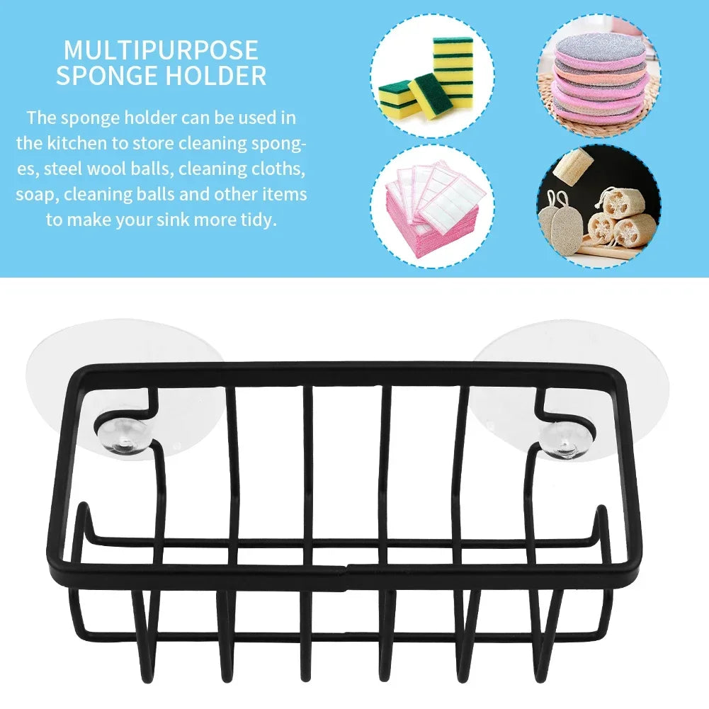 Home With Hook Draining Durable Soap Black Kitchen Sink Scrubber Countertop Sponge Holder Hollowed Suction Cup Caddy Organizer